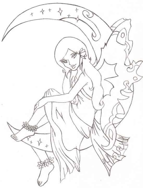 Awesome Black Outline Fairy On Half Moon Tattoo Design
