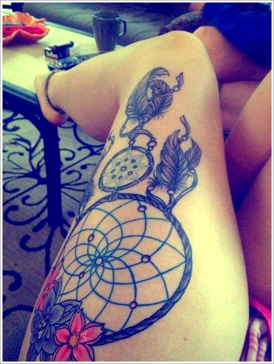Awesome Colored Dreamcatcher Tattoo On Leg Sleeve