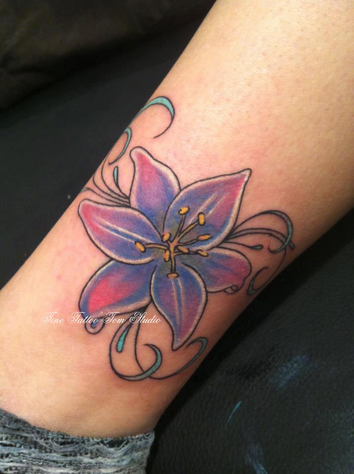 Awesome Colored Lily Ankle Tattoo
