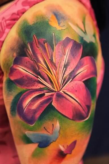 Awesome Colored Lily Flower Tattoo On Left Half Sleeve