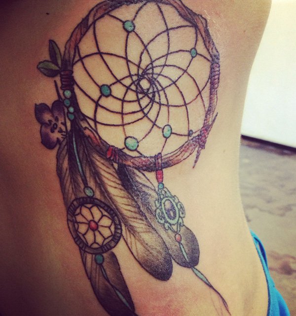 Awesome Colorful Dreamcatcher Tattoo On Side Rib