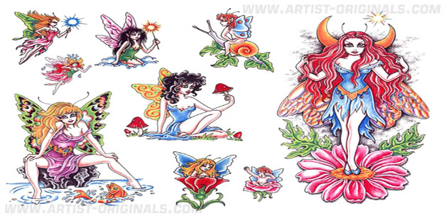 Awesome Colorful Fairies Tattoo Flash