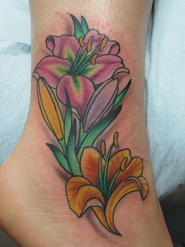 Awesome Colorful Lily Ankle Tattoos