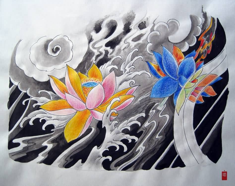 Awesome Colorful Two Japanese Lotus Flowers Tattoo Design
