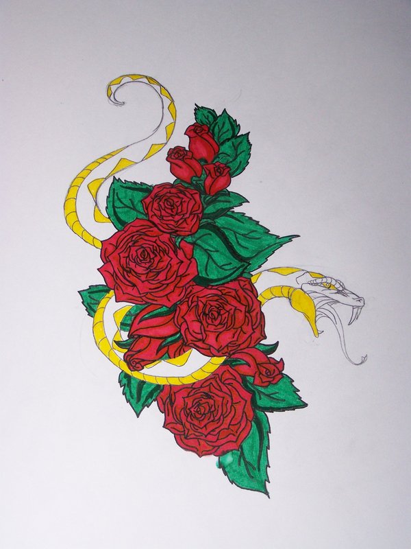 Awesome Cool Snake With Roses Tattoo Design