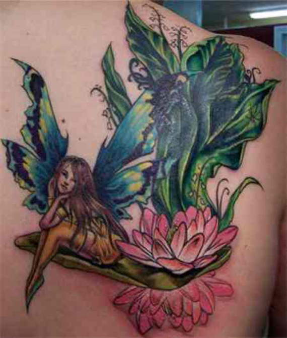 Awesome Fairy With Flower Tattoo On Right Back Shoulder
