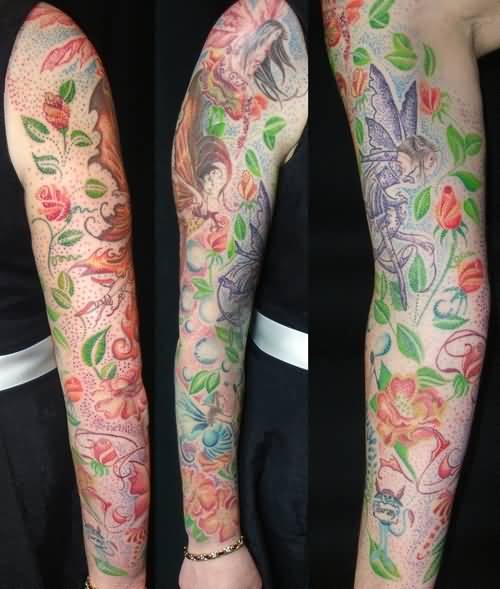 Awesome Fairy With Flowers Tattoo On Full Sleeve