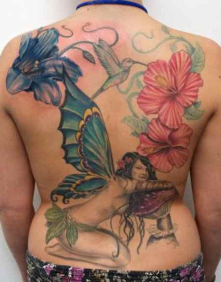Awesome Fairy With Mushroom And Flowers Tattoo On Full Back