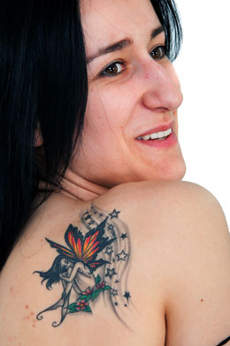 Awesome Fairy With Stars Tattoo On Girl Right Back Shoulder