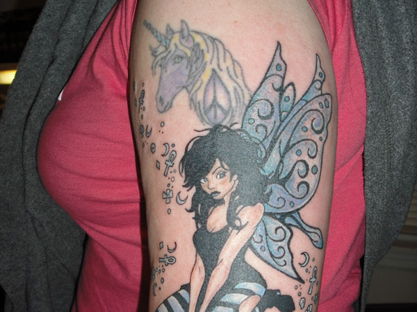 Awesome Fairy With Unicorn Tattoo On Girl Left Upper Arm