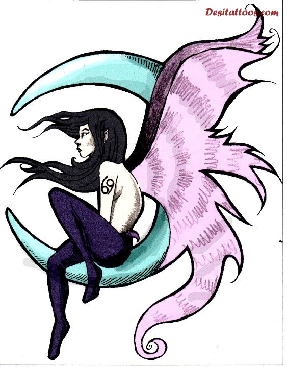 Awesome Gothic Fairy With Half Moon Tattoo Design