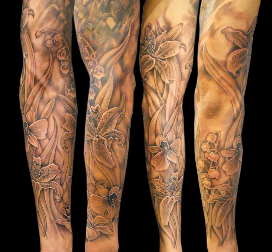 Awesome Grey Lily Flowers Tattoos On Full Sleeve