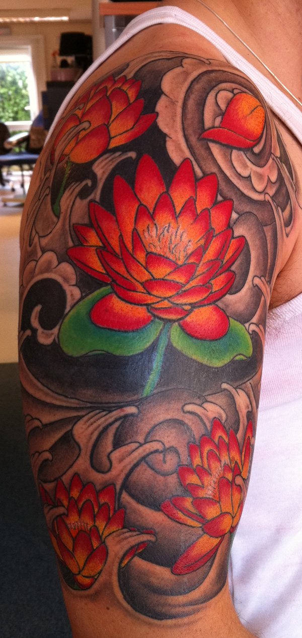 Awesome Japanese Lotus Flowers Tattoo On Man Right Half Sleeve