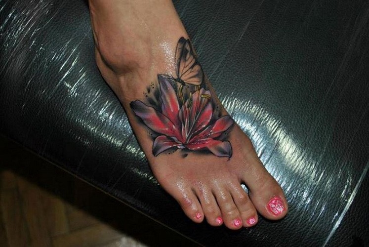 Awesome Lily Flower With Butterfly Tattoo On Girl Right Foot