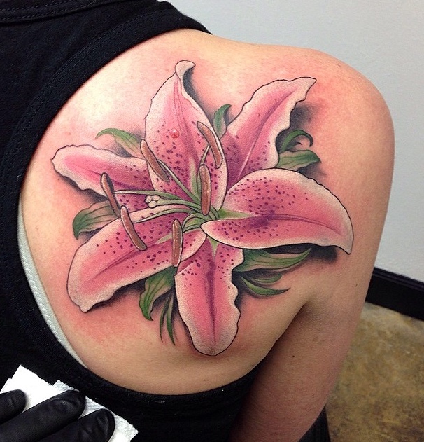 Awesome Lily Tattoo On Right Back Shoulder For Girls