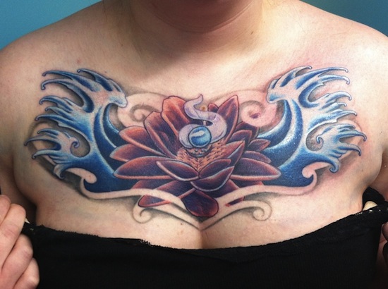 Awesome Lotus Flower In Water Tattoo On Collarbone
