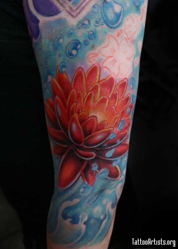 Awesome Lotus Flower Tattoo Design For Half Sleeve