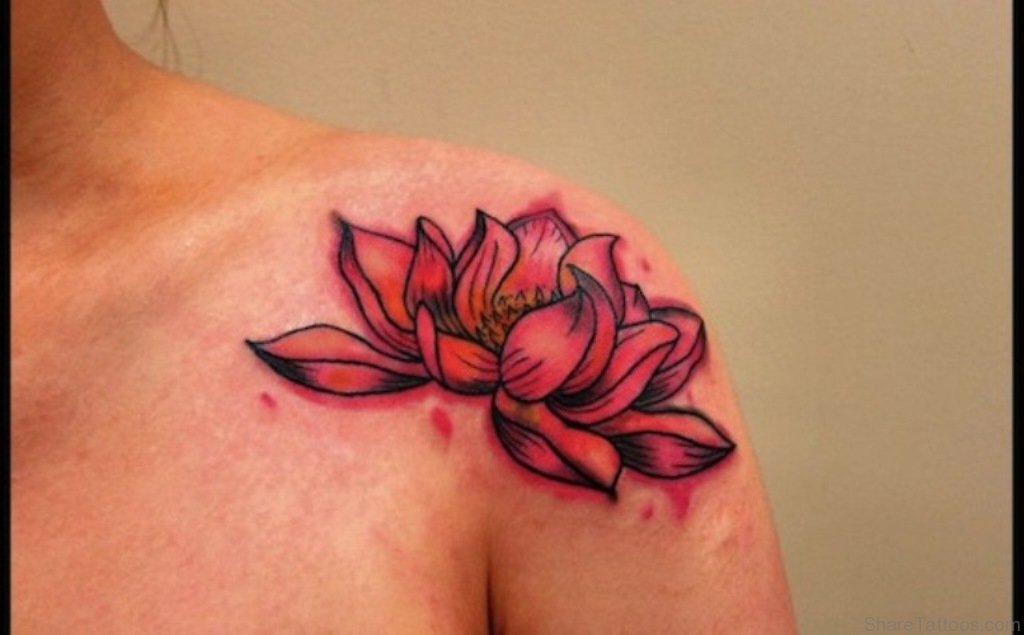 Awesome Lotus Tattoo On Left Front Shoulder