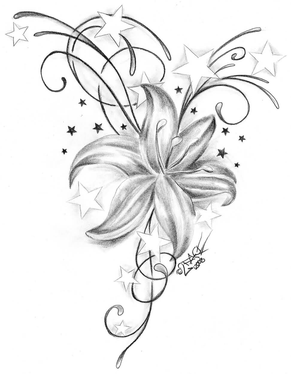 Awesome Outline Stars And Grey Lily Tattoo Design