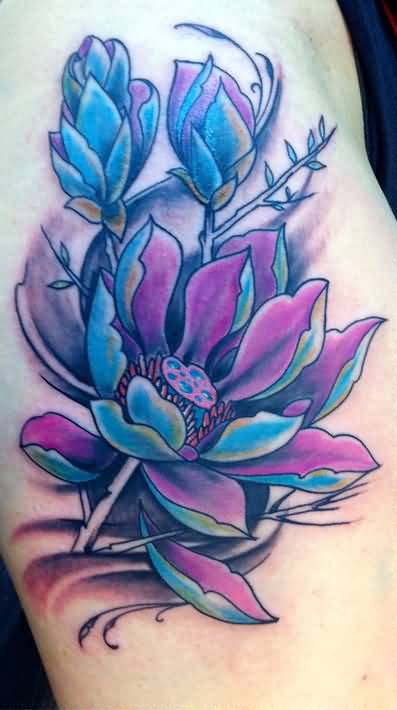 Awesome Purple Ink Japanese Lotus Tattoo Design For Half Sleeve