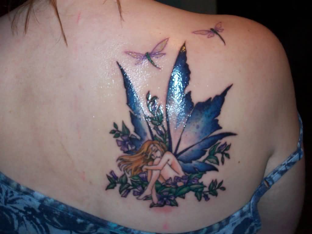 Awesome Realistic Fairy With Flowers And Flying Dragonflies Tattoo On Girl Right Back Shoulder