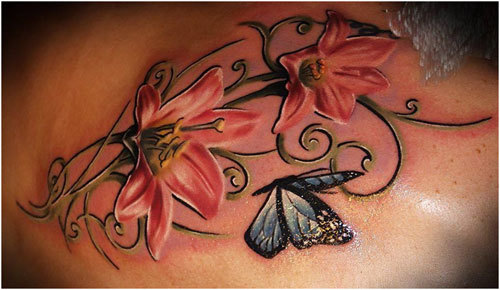 Awesome Realistic Lily Flowers With Flying Butterfly Tattoo Design