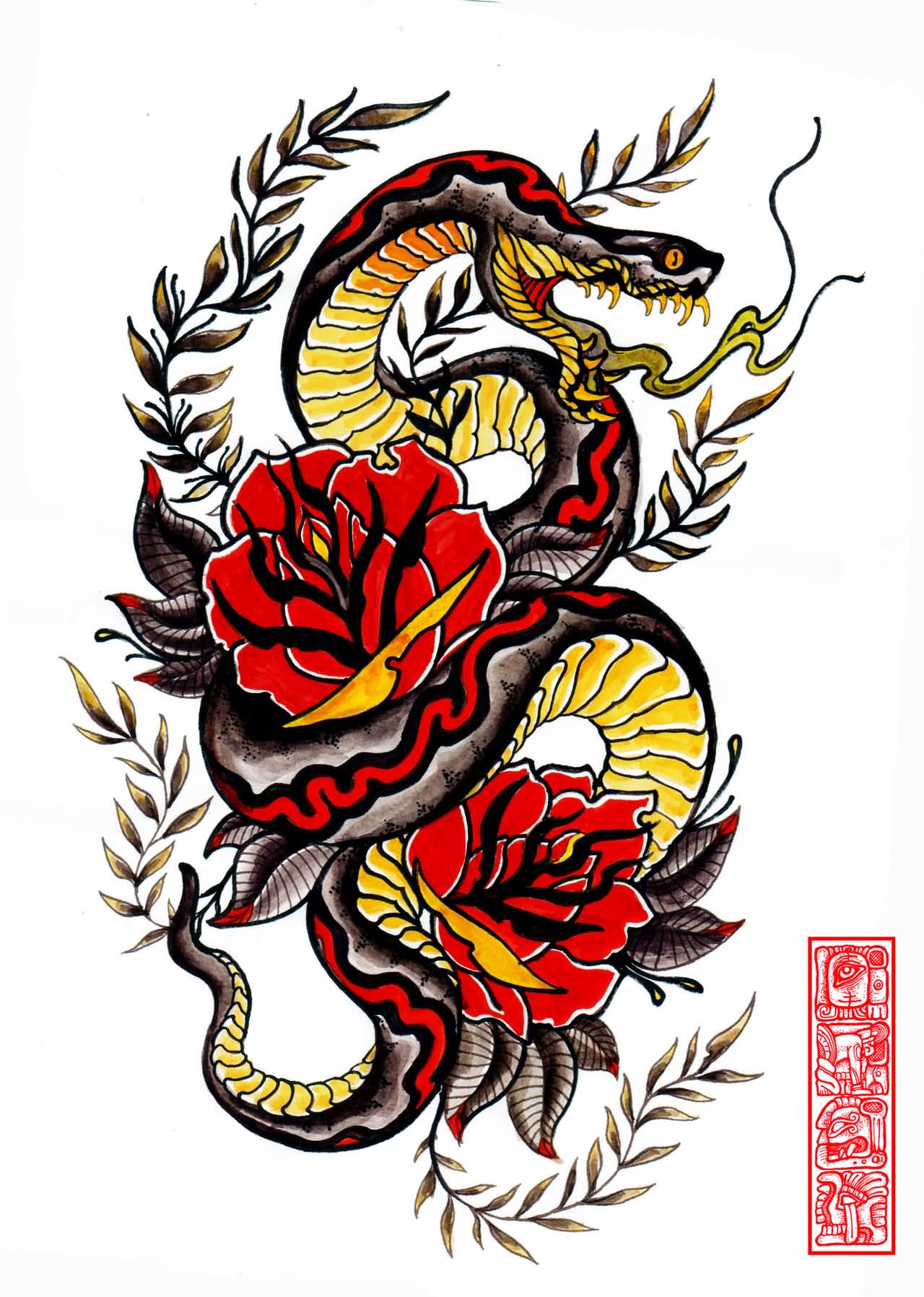 Awesome Traditional Snake With Roses Tattoo Design By Kim Jihyung