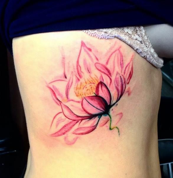 Awesome Watercolor Lotus Tattoo On Girl Right Side Rib