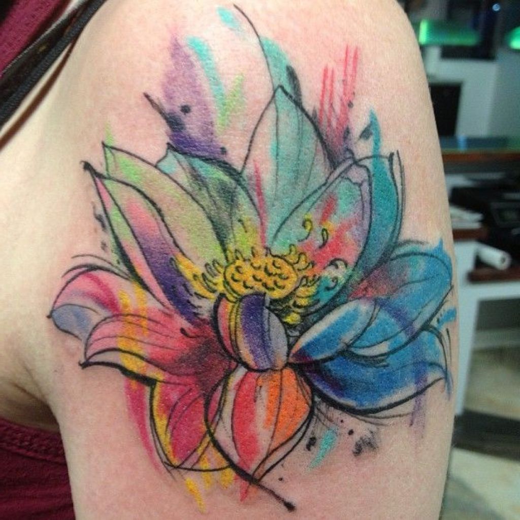 Awesome Watercolor Lotus Tattoo On Left Shoulder