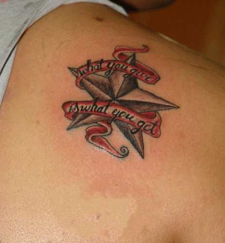 Banner And Nautical Star Tattoo On Right Back Shoulder for Men