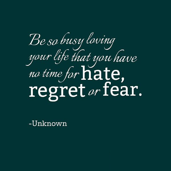 Be so busy loving your life that you have no time for hate,regret or fear.