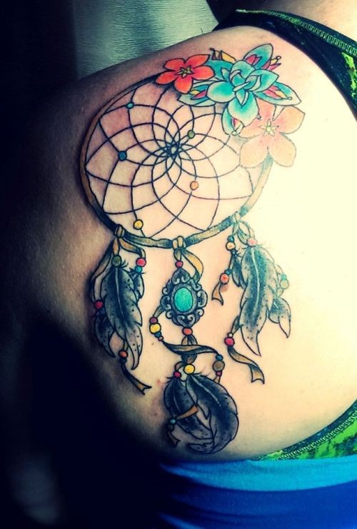 Beautiful Colorful Dreamcatcher Tattoo On Left Back Shoulder