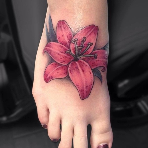 Beautiful Lily Tattoo On Girl Right Foot