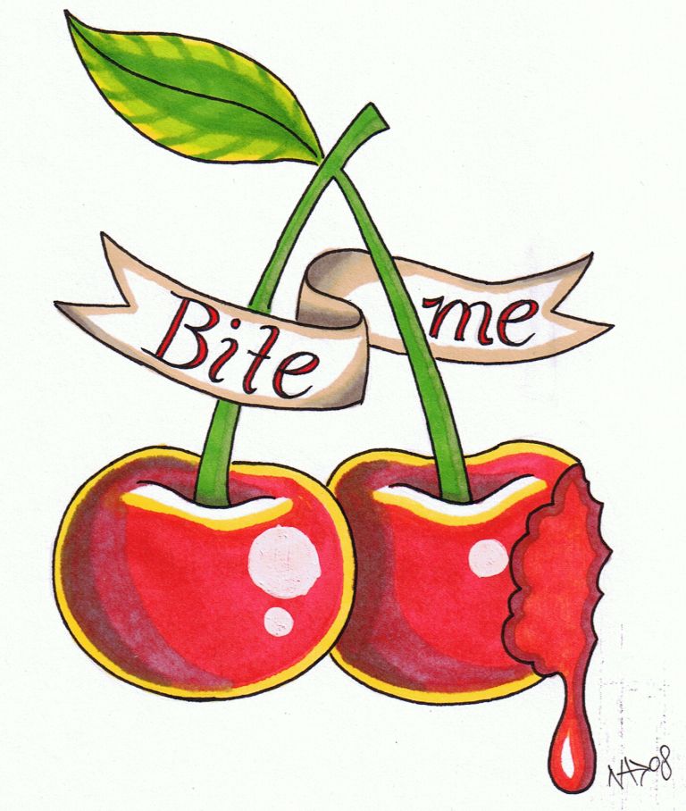 Bite Me Banner And Cherry Tattoo Design