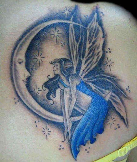 Black And Blue Fairy On Half Moon Tattoo On Girl Right Back Shoulder