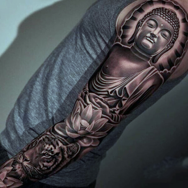 Black And Grey Buddha With Lotus Flower Tattoo On Man Left Full Sleeve