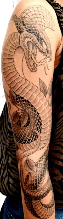 Black And Grey Cobra Snake Tattoo On Man Right Wrapped Around Full Arm