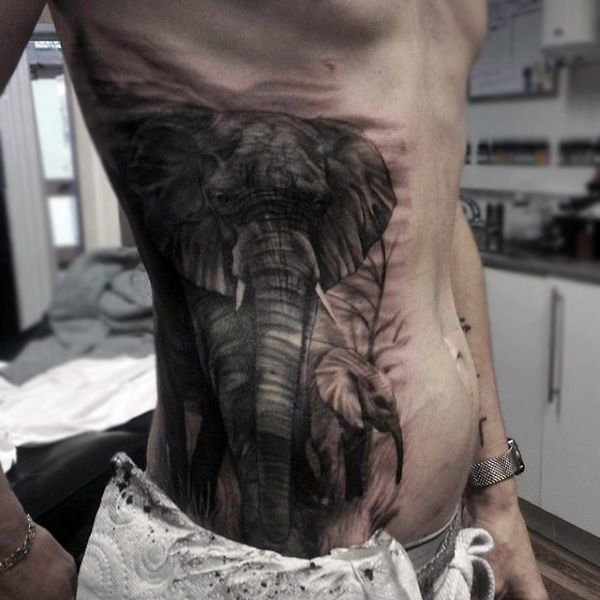 Black And Grey Elephant Family Tattoo On Man Right Side Rib