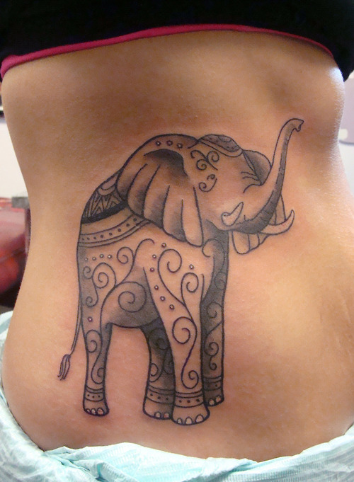 Black And Grey Elephant Tattoo On Right Side Rib