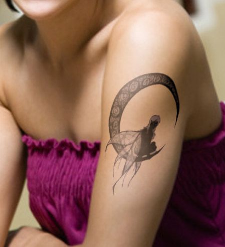 Black And Grey Fairy On Half Moon Tattoo On Girl Left Half Sleeve