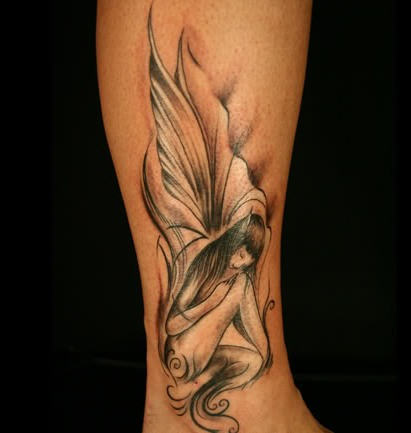 Black And Grey Fairy Tattoo Design For Leg