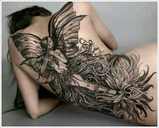Black And Grey Fairy Tattoo On Girl Full Back