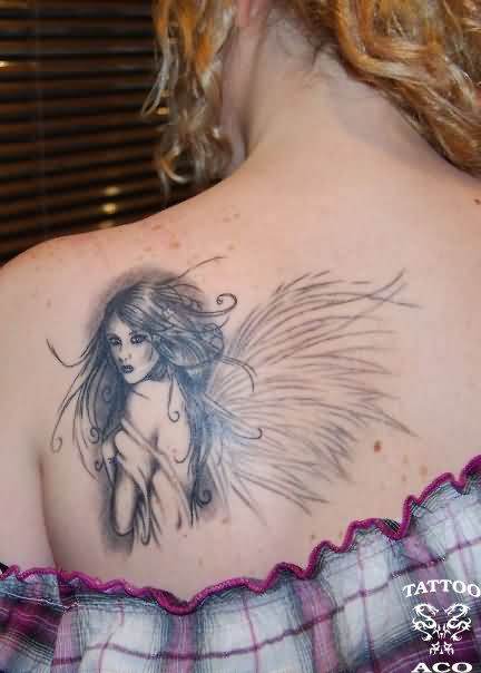 Black And Grey Fairy Tattoo On Girl Left Back Shoulder