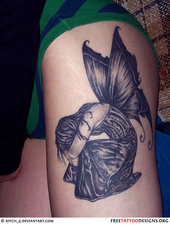 Black And Grey Fairy Tattoo On Girl Left Side Thigh