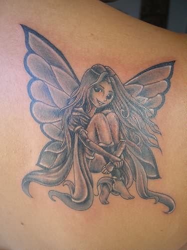 Black And Grey Fairy Tattoo On Girl Right Back Shoulder