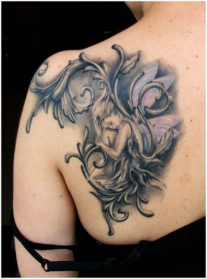 Black And Grey Fairy Tattoo On Left Back Shoulder