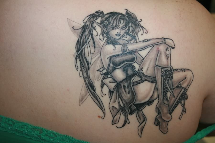 Black And Grey Fairy Tattoo On Right Back Shoulder