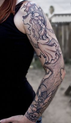 Black And Grey Fairy Tattoo On Women Left Full Sleeve By BeautifulDragon322