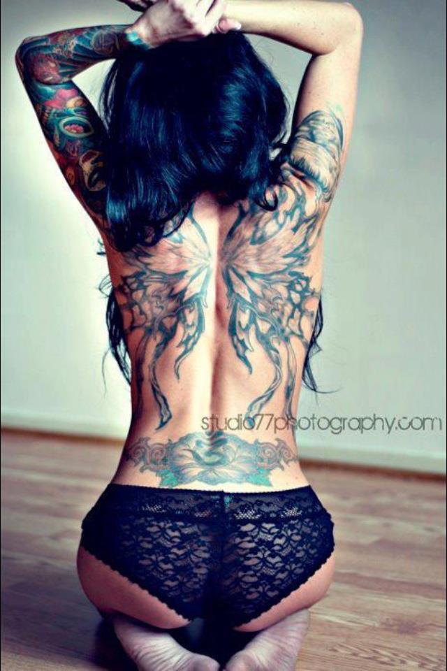Black And Grey Fairy Wings Tattoo On Girl Full Back