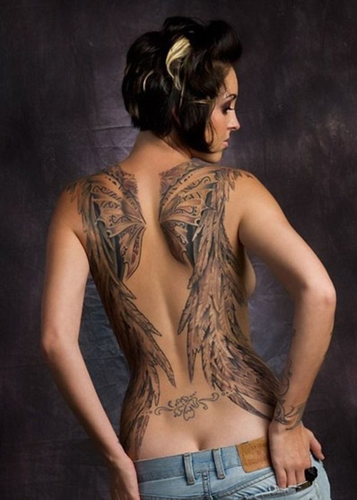 Black And Grey Fairy Wings Tattoo On Women Full Back